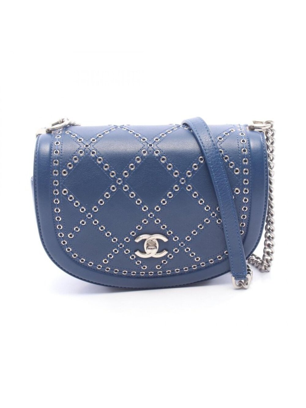 Chanel Shoulder Bag Quilted Coco Eyelet Round Mini Blue Leather Chain